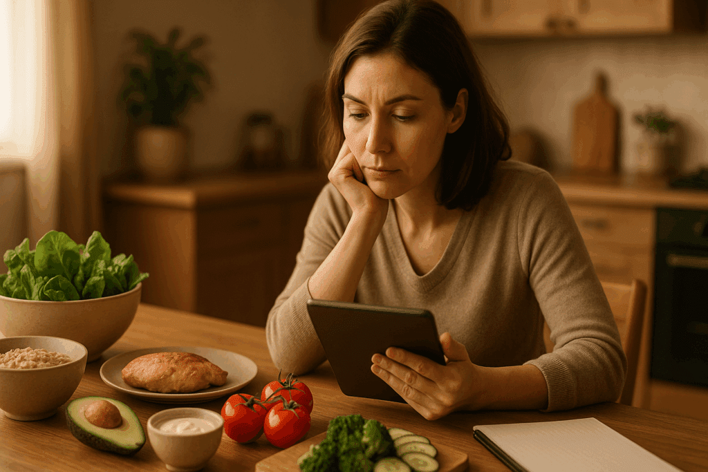 The Essential Gastritis Diet Plan: Powerful Foods to Eat (and Avoid) for Inflammation and Lasting Gut Relief 4 Woman planning meals on a tablet at a kitchen table with gastritis diet foods like avocado, oatmeal, and leafy greens