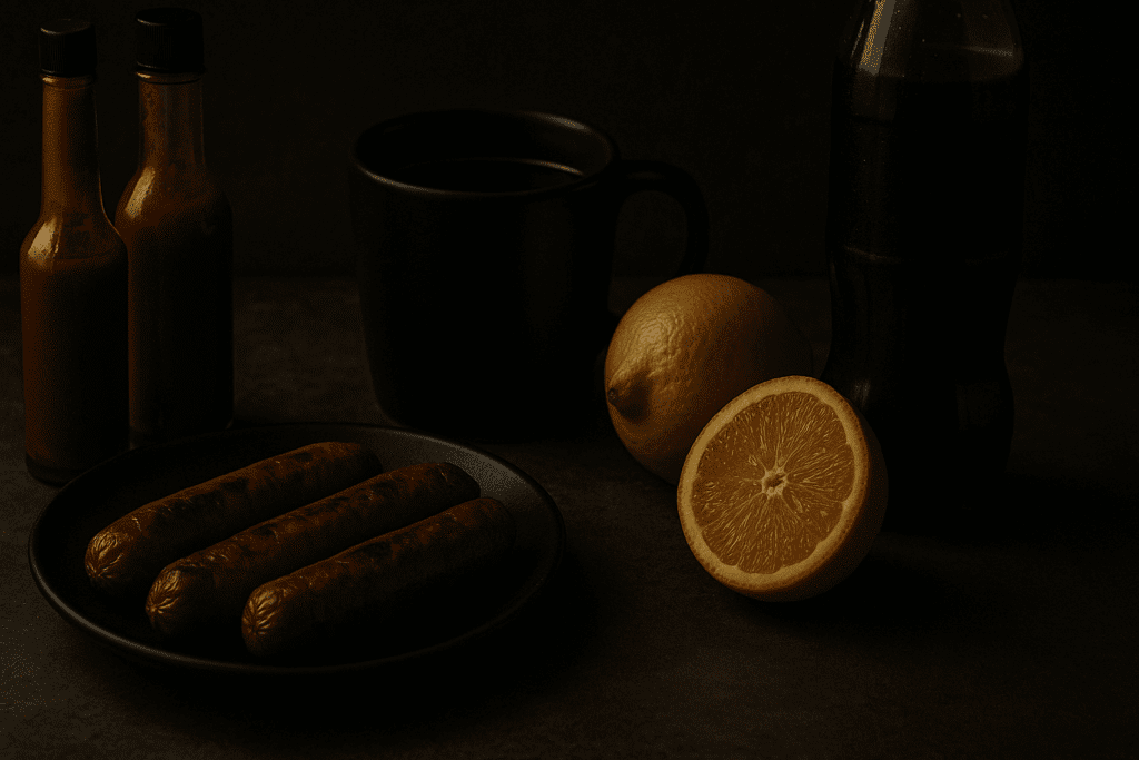 The Essential Gastritis Diet Plan: Powerful Foods to Eat (and Avoid) for Inflammation and Lasting Gut Relief 5 Dark-toned arrangement of inflammatory foods including sausages, hot sauce, citrus fruits, coffee, and soda—items commonly avoided on a gastritis diet