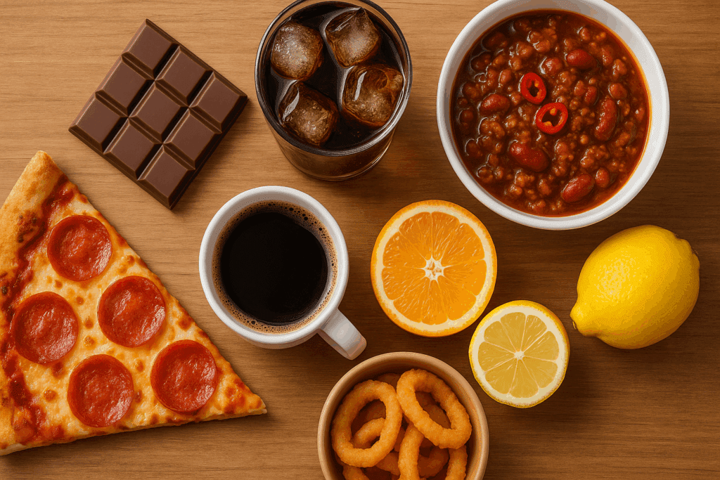 Common trigger foods on a wooden table illustrating what foods to avoid with GERD, including pizza, chocolate, soda, chili, coffee, citrus, and onion rings.