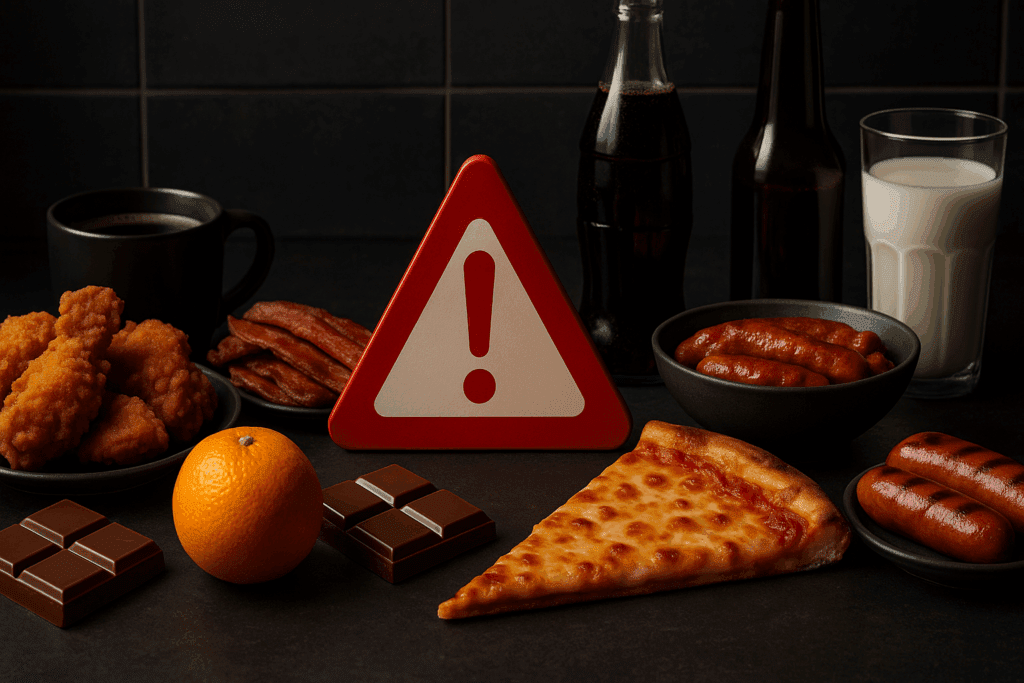 Red warning sign surrounded by fried chicken, bacon, soda, pizza, and other trigger items showing what foods to avoid with GERD