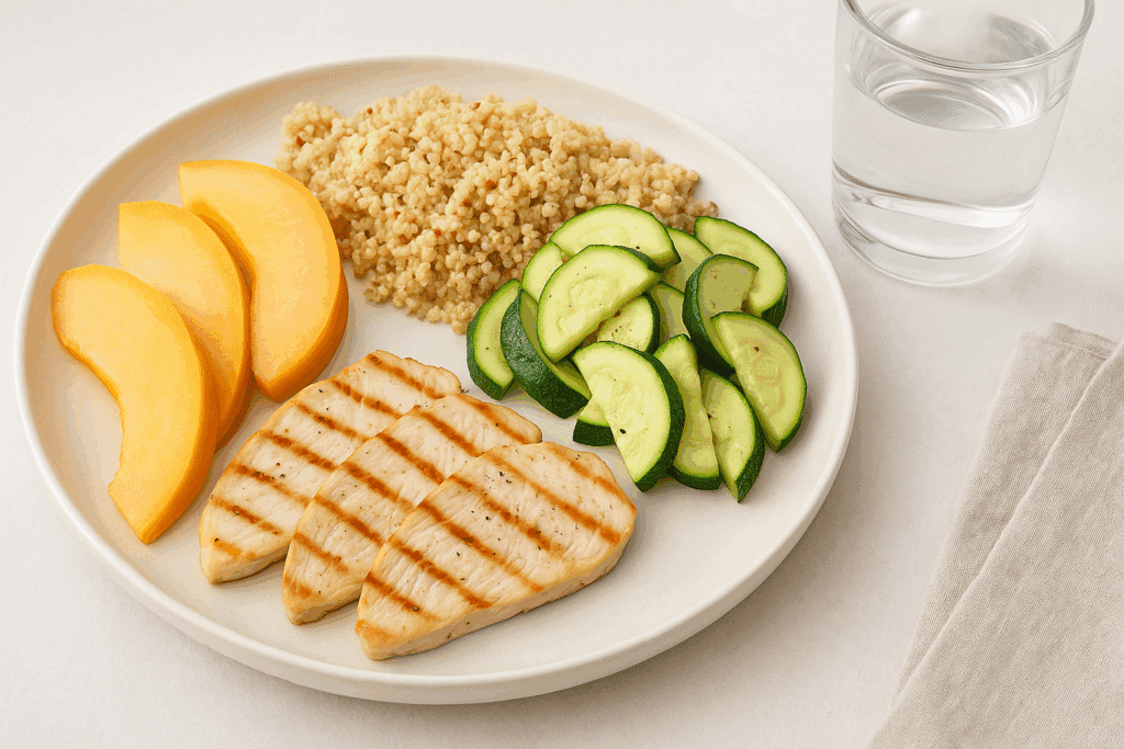 Grilled turkey, quinoa, zucchini, and melon on a GERD-friendly plate illustrating what foods to avoid with GERD alternatives.
