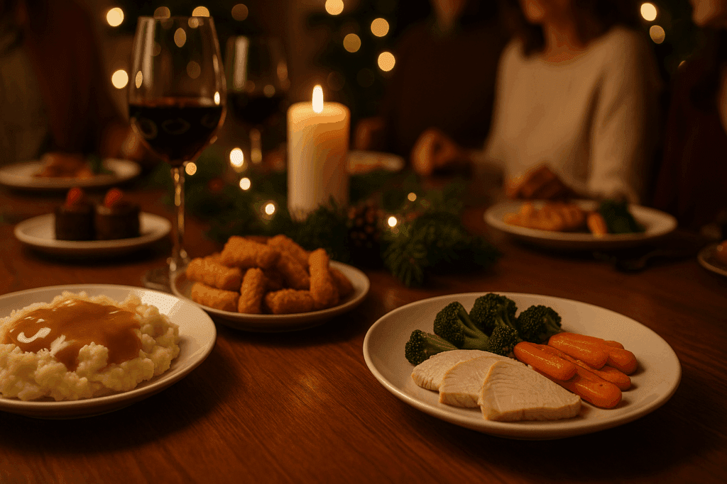 Holiday dinner table showing what foods to avoid with GERD, including gravy mashed potatoes and fried snacks beside GERD-friendly turkey and vegetables.