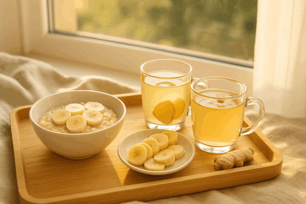 Breakfast tray with oatmeal, banana slices, ginger tea, and chamomile tea near a window, showing what foods to avoid with GERD alternatives.