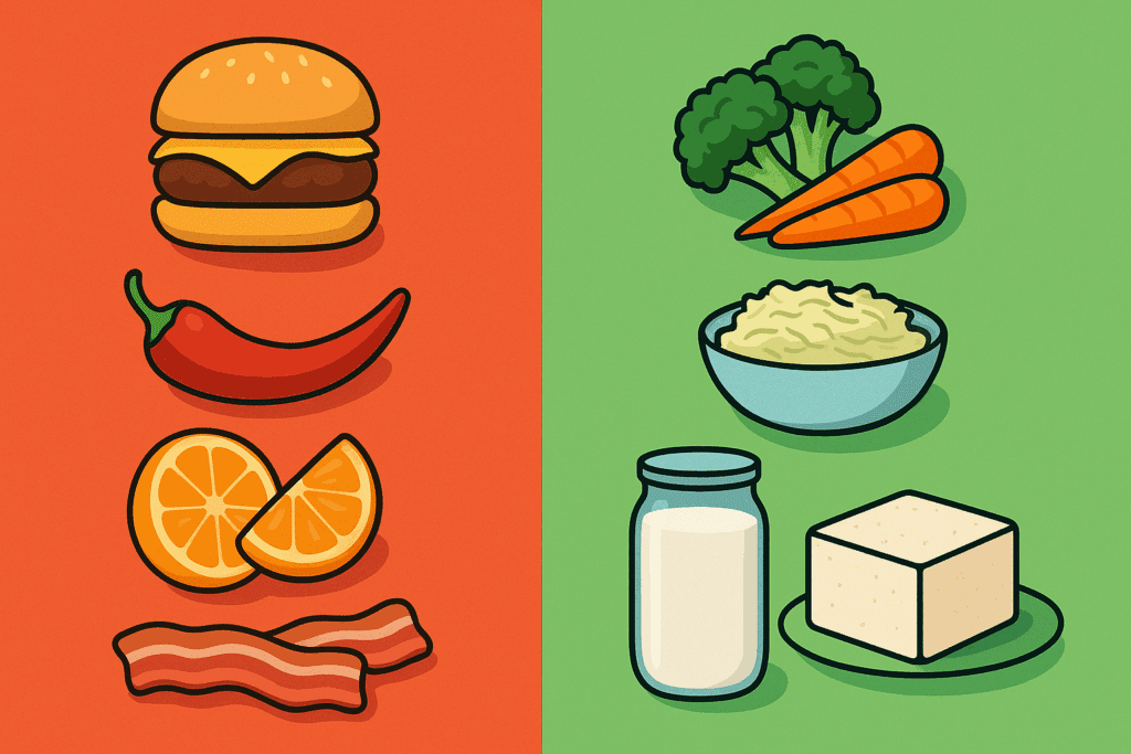 Visual comparison showing what foods to avoid with GERD like fried and spicy items next to GERD-friendly options like steamed vegetables and kefir