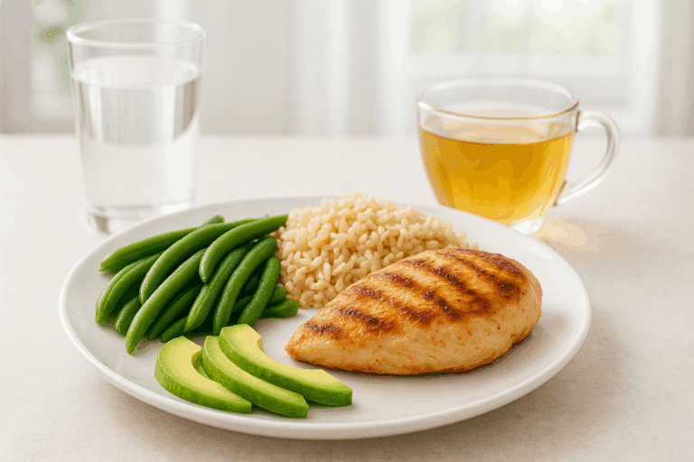 Grilled chicken, brown rice, green beans, and avocado on a white plate with chamomile tea and water—an example of what foods to avoid with GERD replaced by soothing, low-acid alternatives.