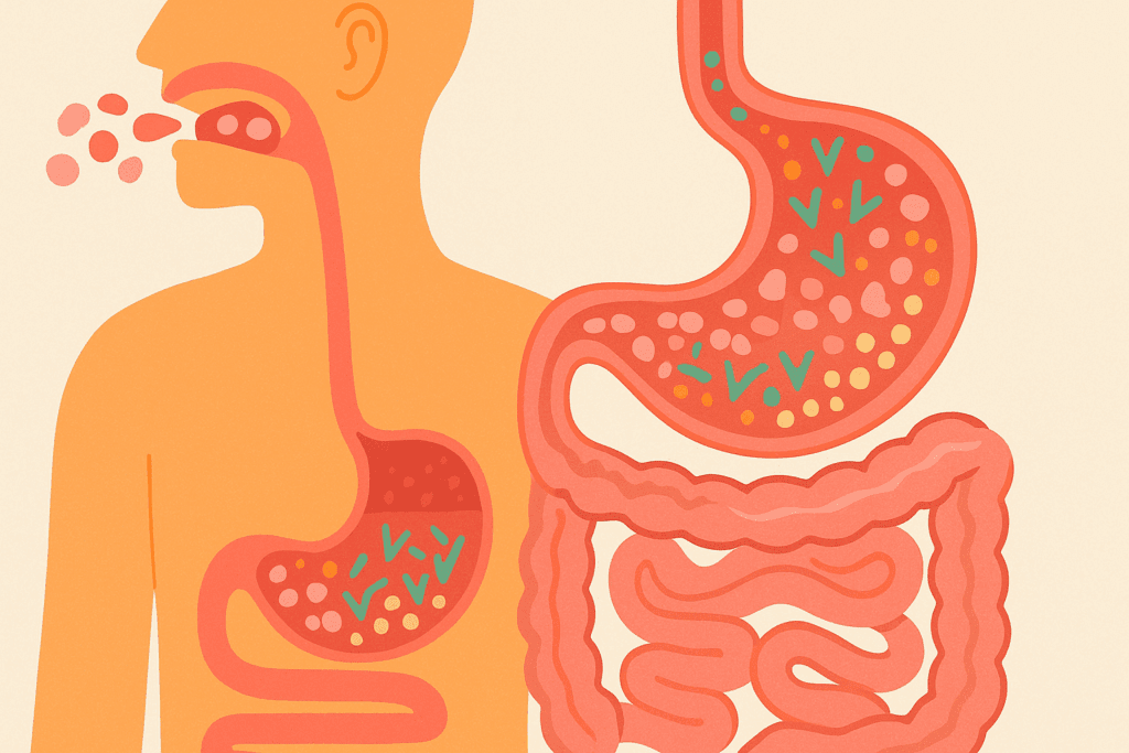 Cross-section of human digestive system showing stages of breaking down the easiest protein to digest, from mouth to intestines