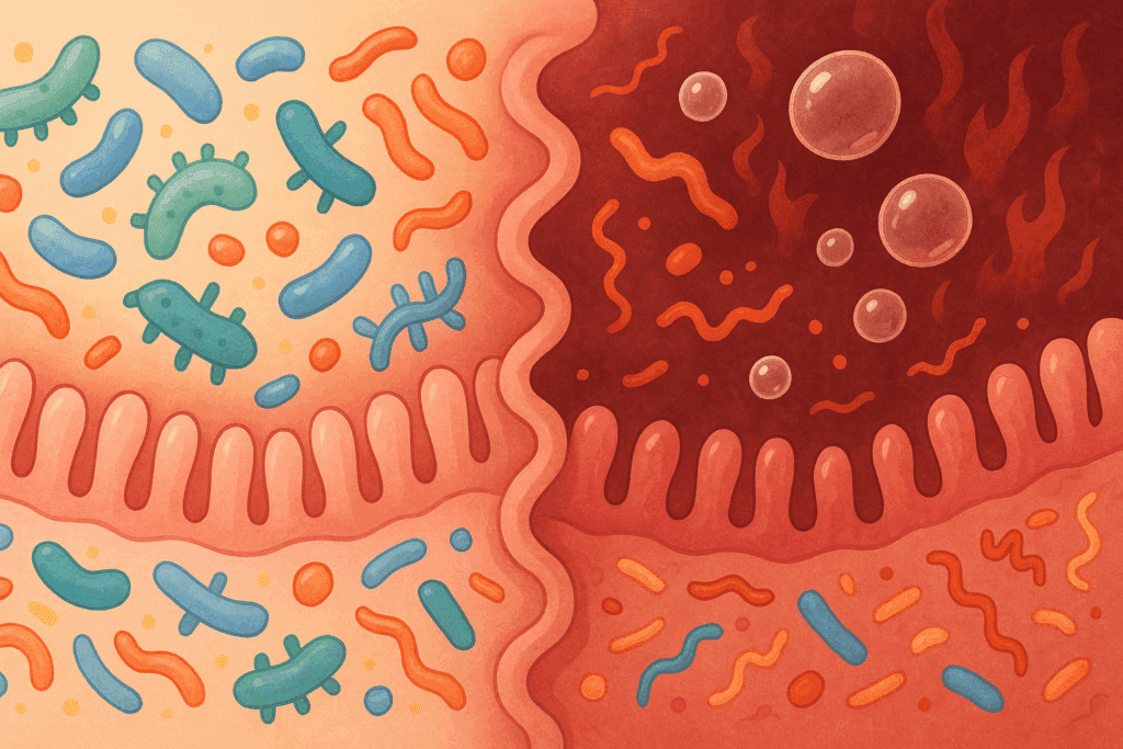 Healthy gut microbiome with vibrant bacteria contrasted against inflamed gut, showing benefits of easiest protein to digest.