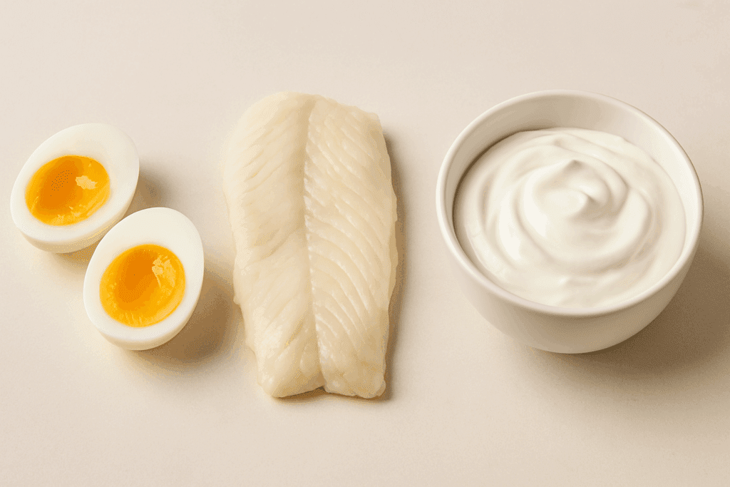 Soft-boiled eggs, steamed white fish fillet, and Greek yogurt arranged on a neutral background showcasing the easiest protein to digest.