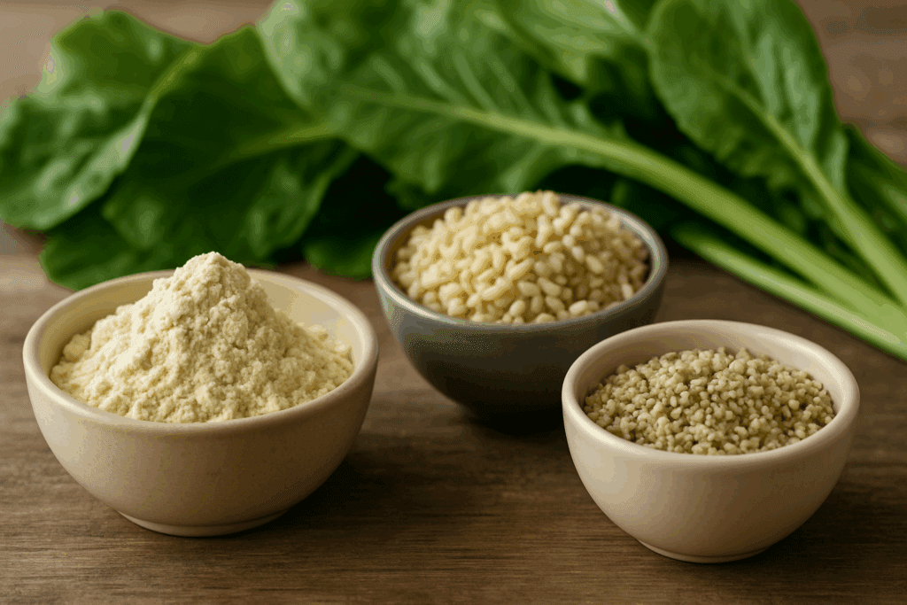 Bowls of pea protein powder, sprouted rice, and hemp seeds on a rustic table with leafy greens, showcasing the easiest protein to digest from plant-based sources