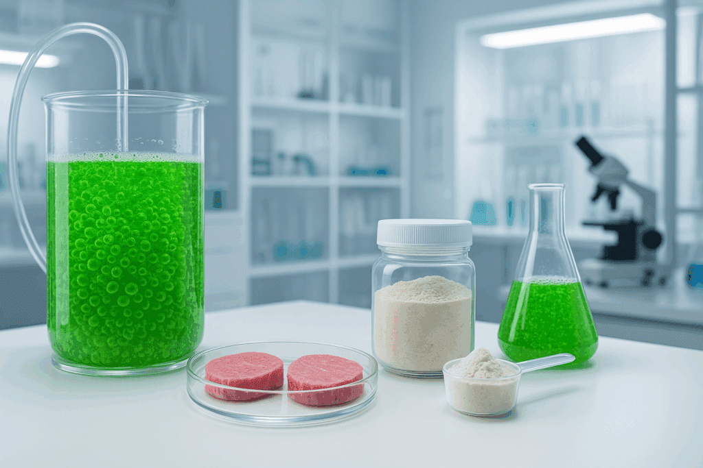 Futuristic lab showcasing algae, lab-grown meat, and supplement powders as innovations in the easiest protein to digest.