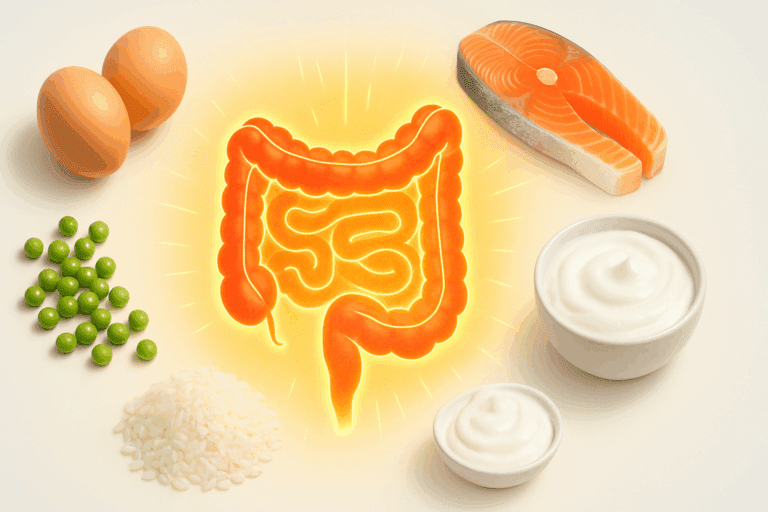 Glowing digestive system surrounded by eggs, salmon, yogurt, peas, and rice—showcasing the easiest protein to digest for gut health