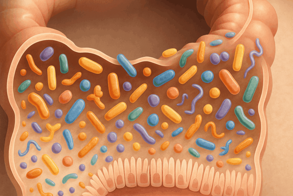 Cross-section illustration of the human colon with diverse gut microbiota interacting with intestinal cells, supporting the concept of colon healthy foods.