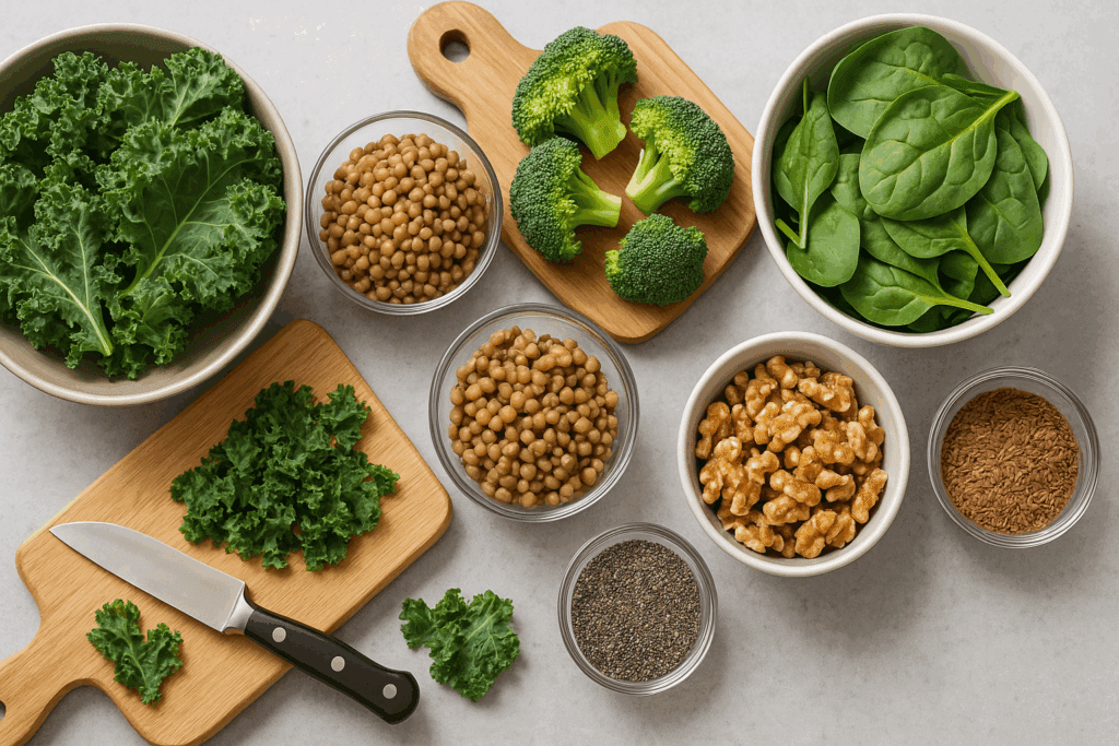 Meal prep layout of colon healthy foods including kale, broccoli, spinach, lentils, walnuts, chia seeds, and flaxseeds on a kitchen counter.