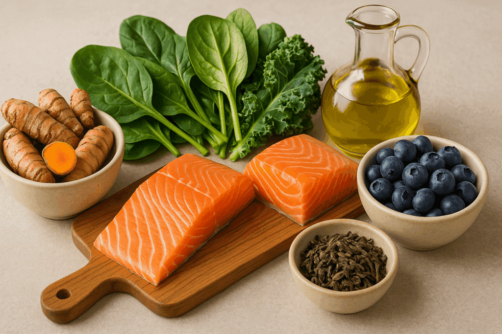 Turmeric roots, salmon, blueberries, leafy greens, olive oil, and green tea leaves displayed together as colon healthy foods.