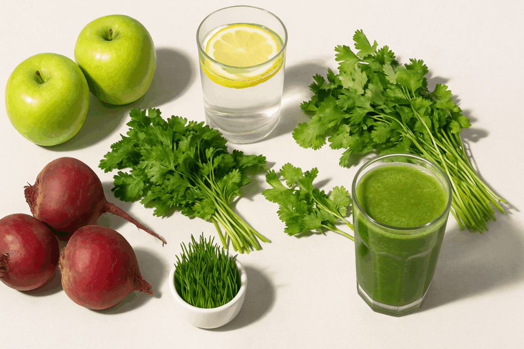 Fresh colon healthy foods including beets, apples, parsley, cilantro, wheatgrass, lemon water, and a green detox smoothie on a light background.