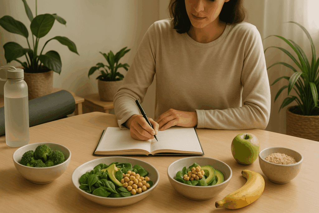 Woman journaling at a table with colon healthy foods like leafy greens, avocado, chickpeas, oatmeal, and fruit in a serene wellness setting