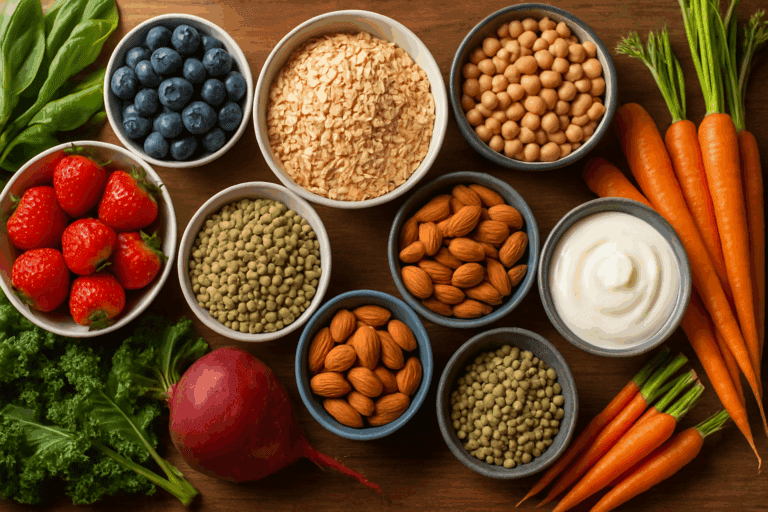 Flat-lay of colon healthy foods including berries, leafy greens, oats, yogurt, legumes, nuts, and colorful vegetables on a rustic wooden table.