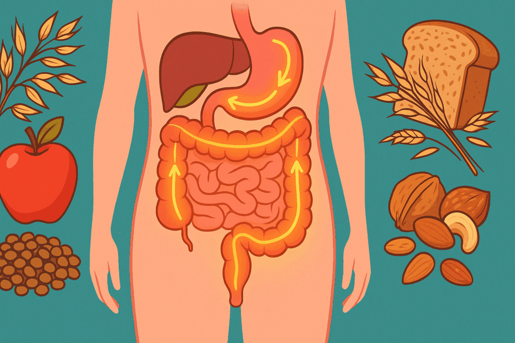 The Essential Guide to Daily Fiber Consumption: Why Fiber Is Important for Your Body and Gut Health 1 Illustration of the human digestive system with highlighted intestines, showing arrows for fiber movement and foods like oats, apples, and nuts, explaining why fiber is important