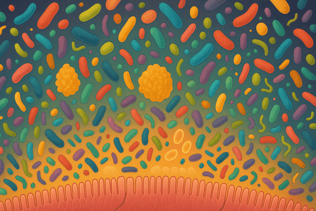 The Essential Guide to Daily Fiber Consumption: Why Fiber Is Important for Your Body and Gut Health 2 Microscopic view of gut lining showing colorful bacteria thriving on fiber particles, illustrating why fiber is important for microbiome health.