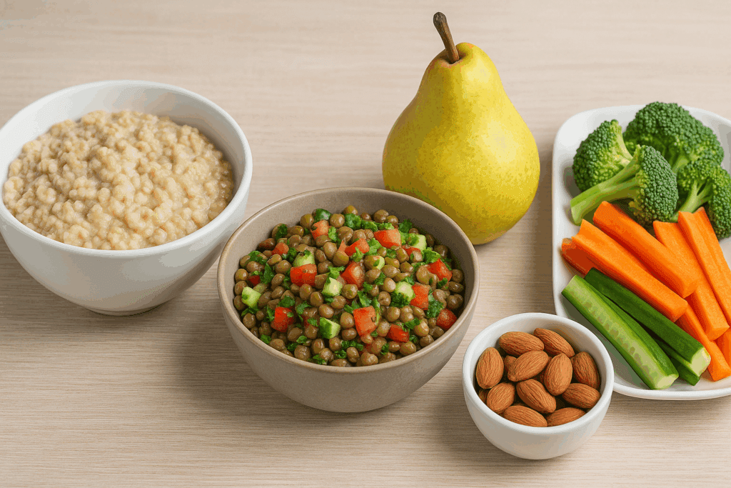 The Essential Guide to Daily Fiber Consumption: Why Fiber Is Important for Your Body and Gut Health 3 Oatmeal, lentil salad, pear, almonds, and fresh vegetables arranged on a table as a daily meal plan showing why fiber is important.