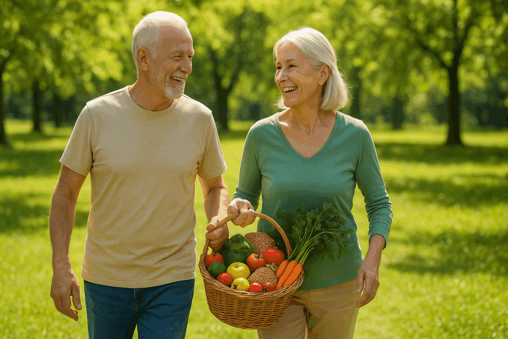 The Essential Guide to Daily Fiber Consumption: Why Fiber Is Important for Your Body and Gut Health 4 Energetic older couple walking in a sunny park carrying a basket of fruits and vegetables, showing why fiber is important for healthy aging.