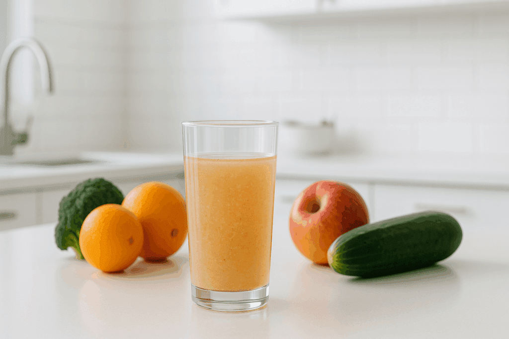 The Essential Guide to Daily Fiber Consumption: Why Fiber Is Important for Your Body and Gut Health 5 Glass of dissolved fiber supplement on a bright kitchen counter with fruits and vegetables, illustrating why fiber is important for gut health.