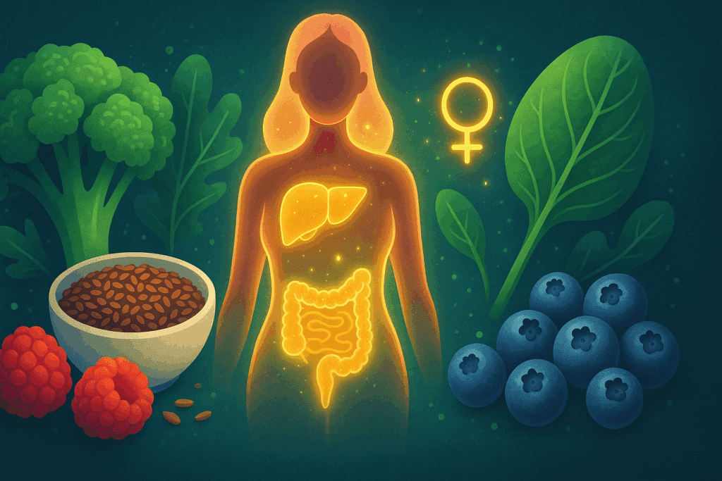 The Essential Guide to Daily Fiber Consumption: Why Fiber Is Important for Your Body and Gut Health 6 Silhouette of a woman showing liver, intestines, and hormone symbol surrounded by fiber-rich foods like leafy greens, flaxseeds, and berries, illustrating why fiber is important for hormonal health and detoxification.