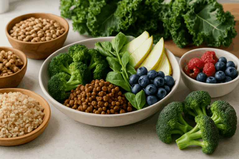 Bowl of broccoli, lentils, leafy greens, pears, berries, and grains on a kitchen counter illustrating why fiber is important for gut health