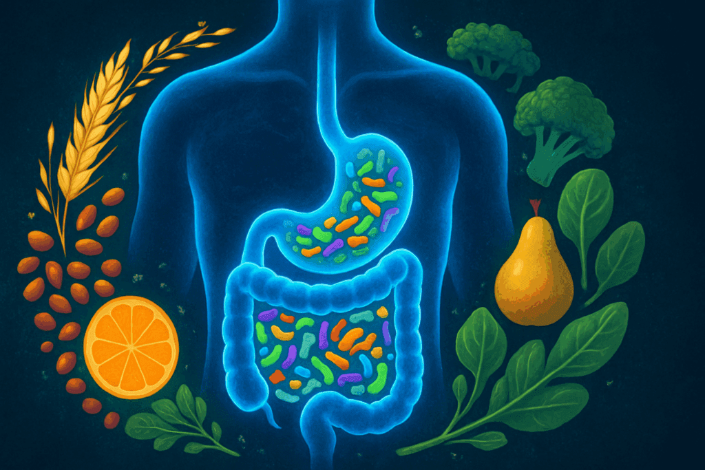 The Essential Guide to Delicious High Fiber Snacks That Support Gut Health and Probiotic Balance Naturally 1 Glowing blue human digestive system surrounded by vibrant gut bacteria and whole foods like fruits, legumes, and leafy greens representing high fiber snacks.