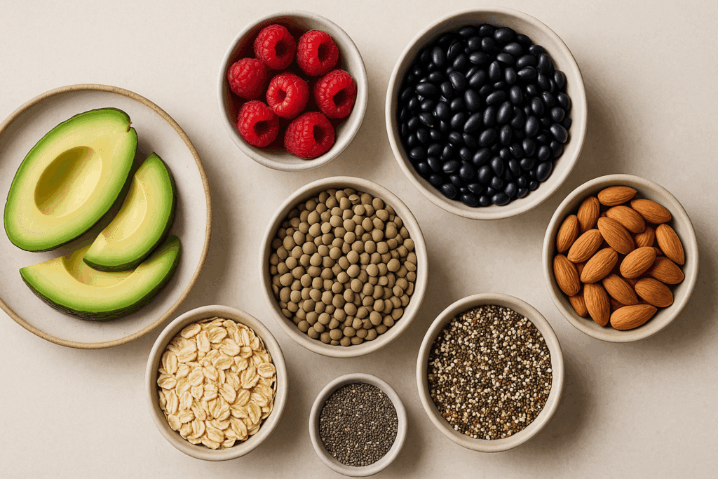 The Essential Guide to Delicious High Fiber Snacks That Support Gut Health and Probiotic Balance Naturally 2 Top-down view of high fiber snacks including avocado slices, raspberries, black beans, lentils, oats, almonds, chia seeds, and quinoa in ceramic bowls
