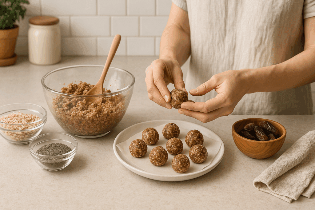 The Essential Guide to Delicious High Fiber Snacks That Support Gut Health and Probiotic Balance Naturally 3 Hands shaping homemade energy bites with oats, chia seeds, and dates on a kitchen counter, preparing high fiber snacks.
