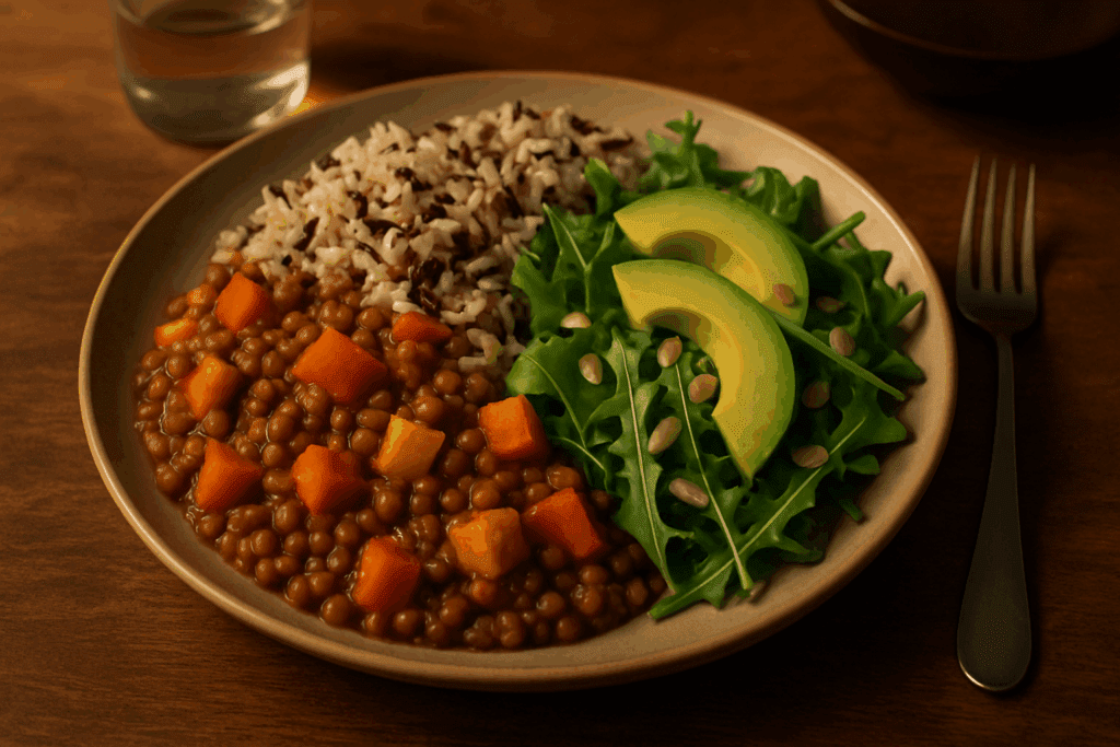 The Essential Guide to Delicious High Fiber Snacks That Support Gut Health and Probiotic Balance Naturally 4 Lentil and root vegetable stew with wild rice and avocado salad, presented as nourishing high fiber snacks for dinner support.