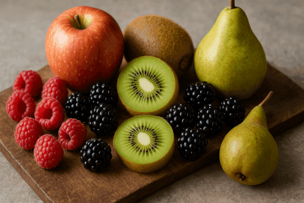 The Essential Guide to Delicious High Fiber Snacks That Support Gut Health and Probiotic Balance Naturally 5 Assorted high fiber snacks including raspberries, blackberries, kiwi slices, apples with skin, and pears on a rustic cutting board.