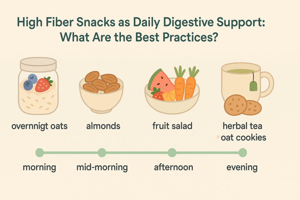 The Essential Guide to Delicious High Fiber Snacks That Support Gut Health and Probiotic Balance Naturally 6 Daily timeline infographic showing high fiber snacks like overnight oats, almonds, fruit salad, carrots with hummus, and oat cookies with herbal tea.
