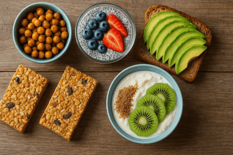 Assorted high fiber snacks including roasted chickpeas, chia pudding with berries, avocado toast, oat bars, and yogurt with kiwi on a rustic wooden table.