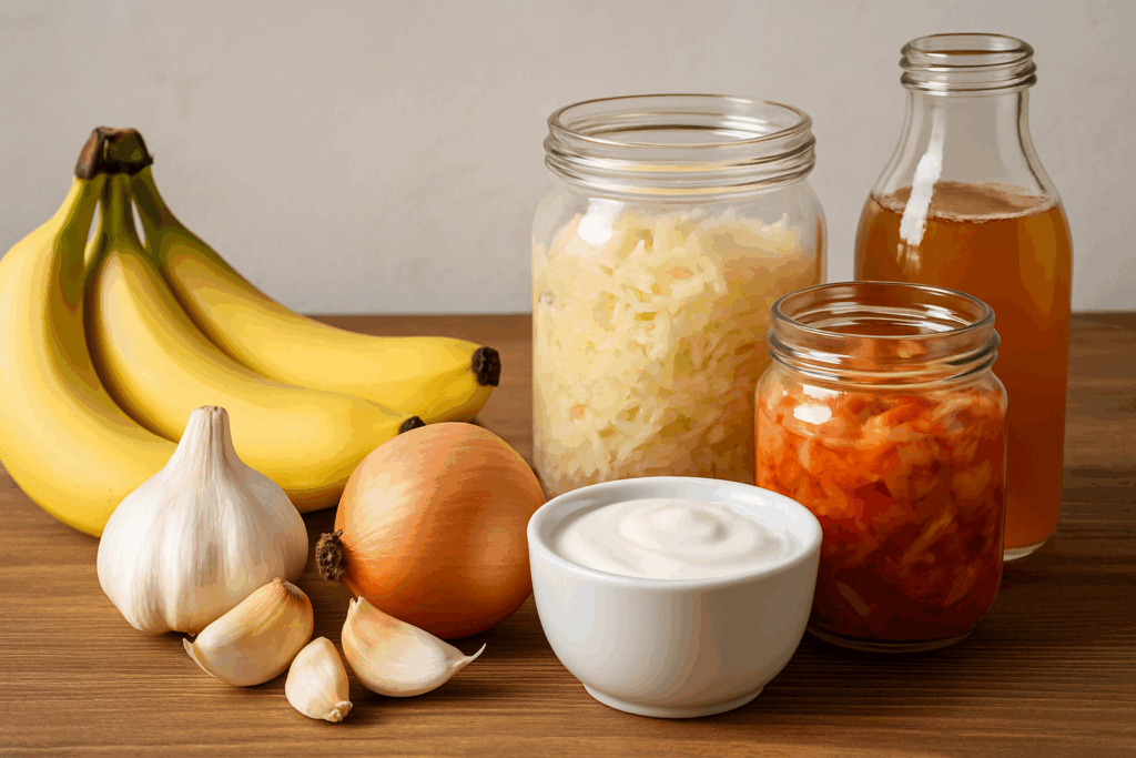 The Essential Guide to Diet Rich in Gut-Boosting Foods: How a Holistic Approach Can Support Digestion Naturally 1 Diet rich in gut-boosting foods showing bananas, garlic, onions, yogurt, sauerkraut, kimchi, and kombucha on a wooden table.