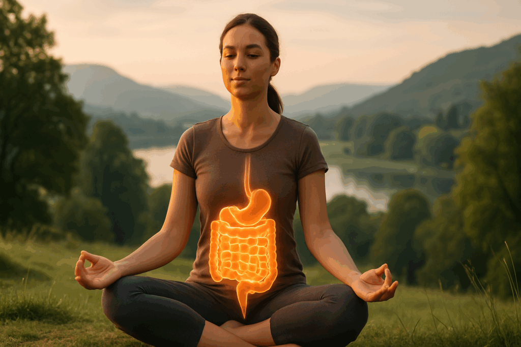 The Essential Guide to Diet Rich in Gut-Boosting Foods: How a Holistic Approach Can Support Digestion Naturally 3 Woman meditating outdoors in nature with a glowing gut illustration, symbolizing mind-gut balance supported by a diet rich in holistic wellness practices.