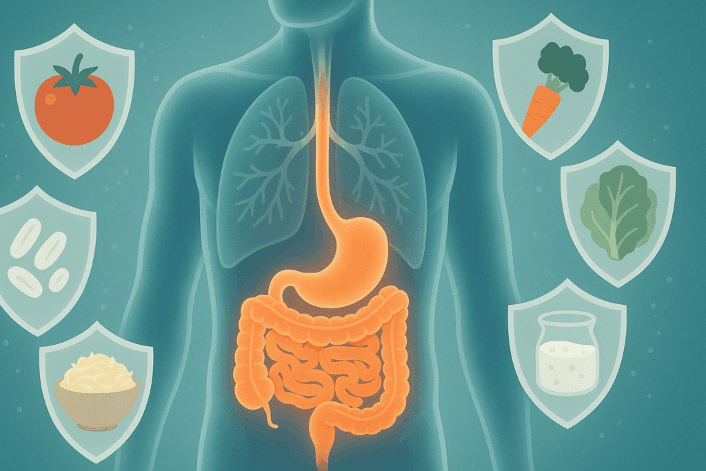The Essential Guide to Diet Rich in Gut-Boosting Foods: How a Holistic Approach Can Support Digestion Naturally 4 Semi-transparent human body with glowing digestive system surrounded by shields made of fruits, vegetables, and fermented foods, symbolizing immune protection from a diet rich in gut-boosting nutrient