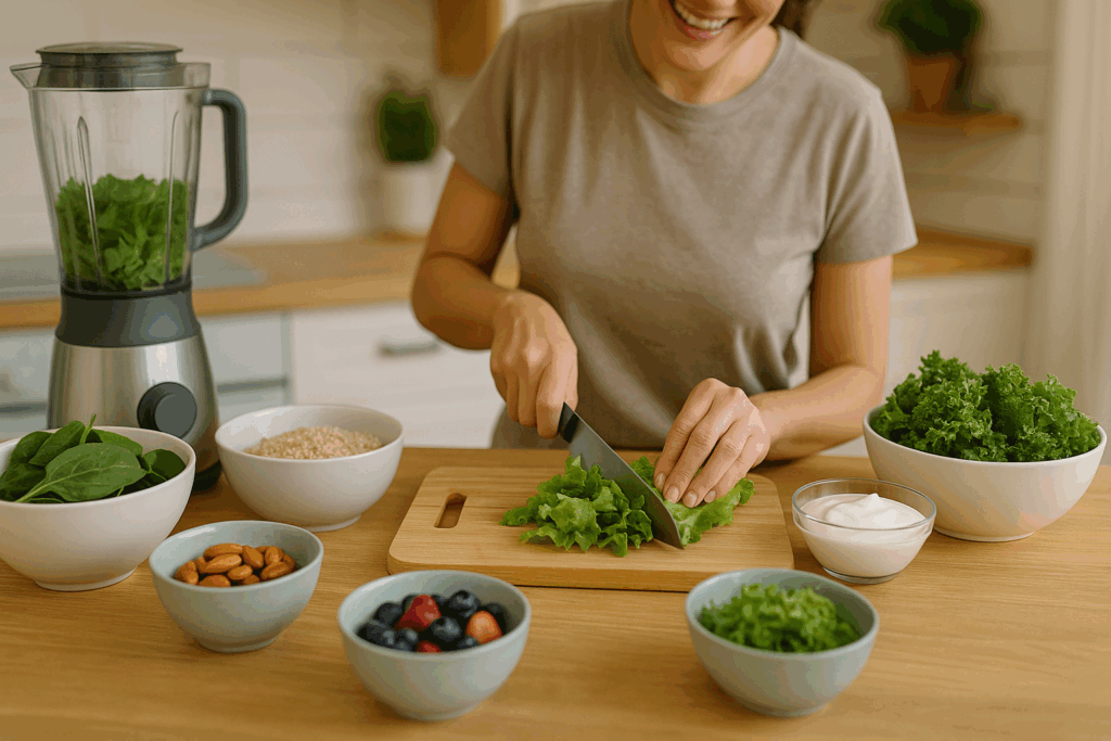 The Essential Guide to Diet Rich in Gut-Boosting Foods: How a Holistic Approach Can Support Digestion Naturally 5 Smiling woman chopping leafy greens in a bright kitchen surrounded by ingredients for a diet rich in fiber and probiotics, including quinoa, yogurt, berries, and nuts.