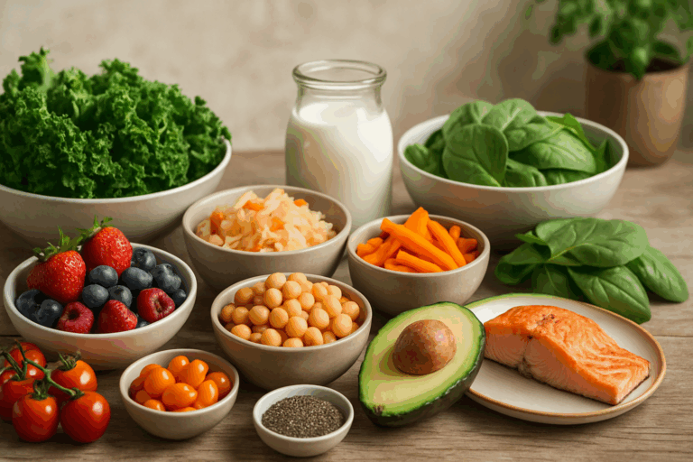 Wholesome gut-healthy foods including salmon, avocado, berries, legumes, leafy greens, and kefir arranged on a wooden table, promoting a diet rich in fiber and probiotics.