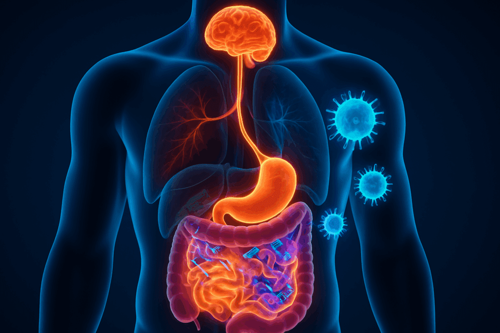The Essential Guide to Dietary Foods That Help Support Gut Health and Holistic Wellness Naturally 1 A 3D illustration of the human torso with glowing organs representing the digestive system and gut microbiome, highlighting the connection with the brain and immune system. The glowing digestive network emphasizes the importance of dietary foods that help support total body wellness