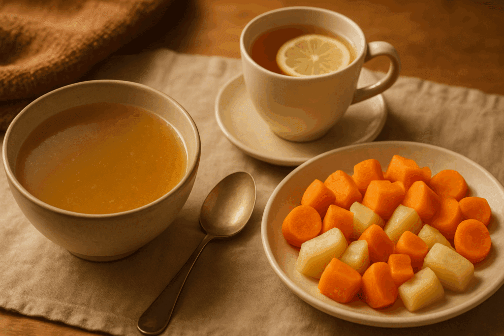 The Essential Guide to Dietary Foods That Help Support Gut Health and Holistic Wellness Naturally 2 Comforting dietary foods that help restore balance after digestive distress, featuring a bowl of bone broth, a cup of herbal tea, and a plate of gently steamed root vegetables on a cozy table