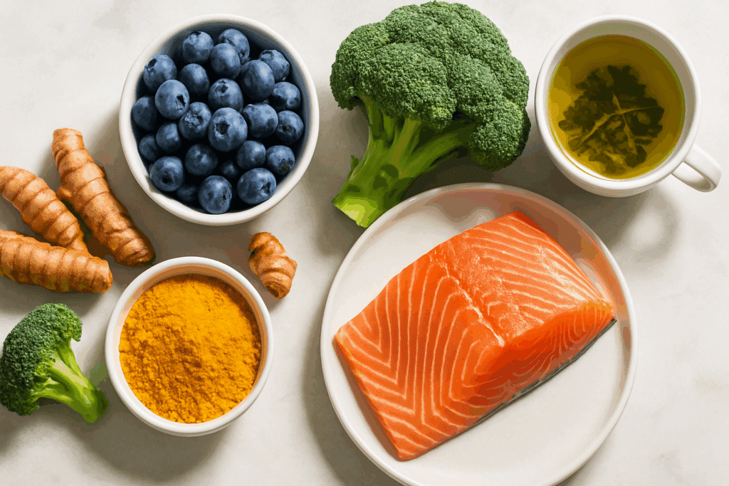 The Essential Guide to Dietary Foods That Help Support Gut Health and Holistic Wellness Naturally 3 An overhead view of dietary foods that help reduce gut inflammation, featuring salmon, blueberries, turmeric root, broccoli, and green tea, arranged artistically with vibrant natural lighting.