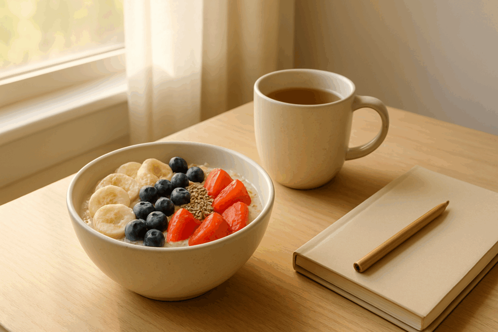 The Essential Guide to Dietary Foods That Help Support Gut Health and Holistic Wellness Naturally 4 Serene morning scene with dietary foods that help gut health, featuring a bowl of overnight oats with fresh fruits, seeds, herbal tea, and a journal by the window