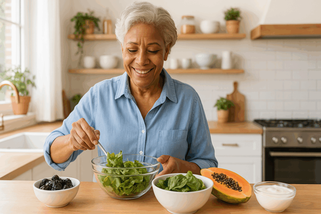 The Essential Guide to Dietary Foods That Help Support Gut Health and Holistic Wellness Naturally 5 Senior African American woman preparing a nutritious meal with dietary foods that help, including leafy greens, prunes, yogurt, and papaya, in a sunlit kitchen