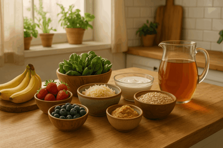 Kitchen countertop filled with dietary foods that help support gut health, including bananas, strawberries, spinach, sauerkraut, yogurt, miso, and oats, set in soft natural lighting with rustic wooden elements