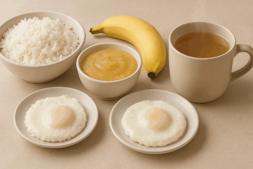 Easy-to-Digest Foods including white rice, applesauce, banana, poached eggs, and bone broth on a neutral background