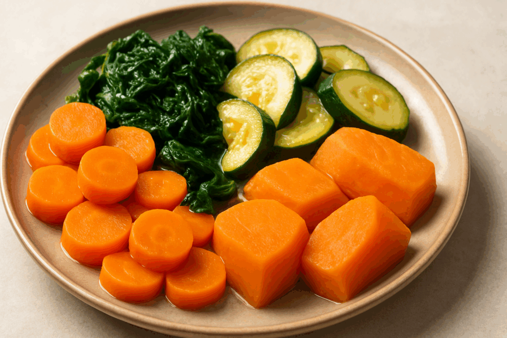 Soft-cooked carrots, zucchini, spinach, and sweet potatoes on a ceramic plate under natural light, showcasing easy-to-digest foods.
