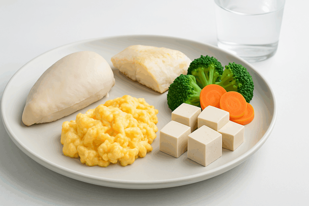 Easy-to-digest foods including poached chicken, baked white fish, scrambled eggs, tofu cubes, and steamed vegetables on a white plate