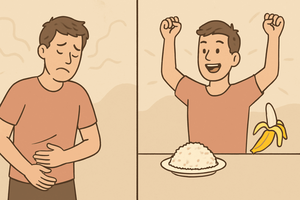 Before-and-after concept showing a man looking sluggish, then energized after eating Easy-to-Digest Foods like banana and rice.